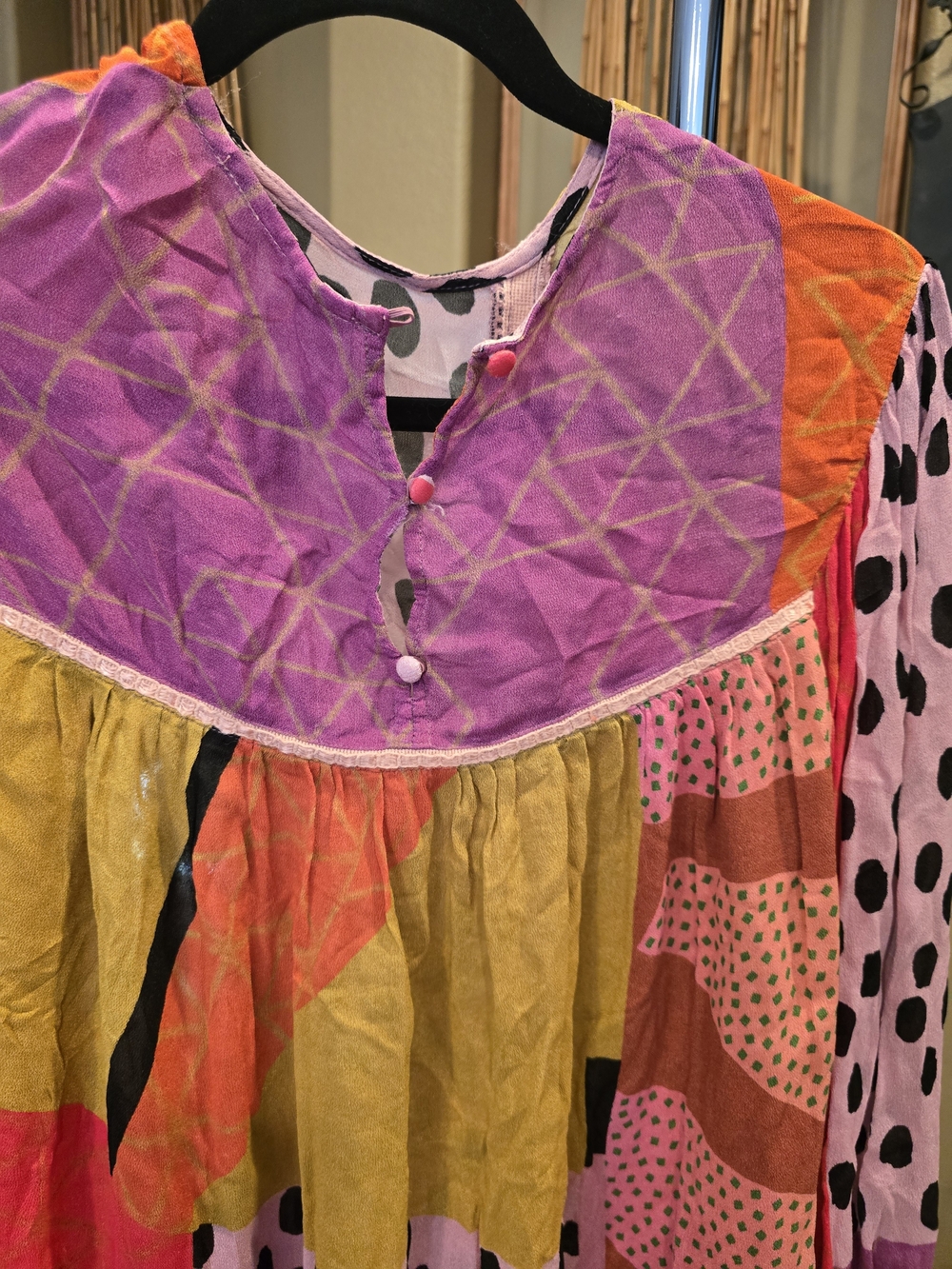 Women's Pink Polka Dot Patchwork Blouse - Picture 7 of 9